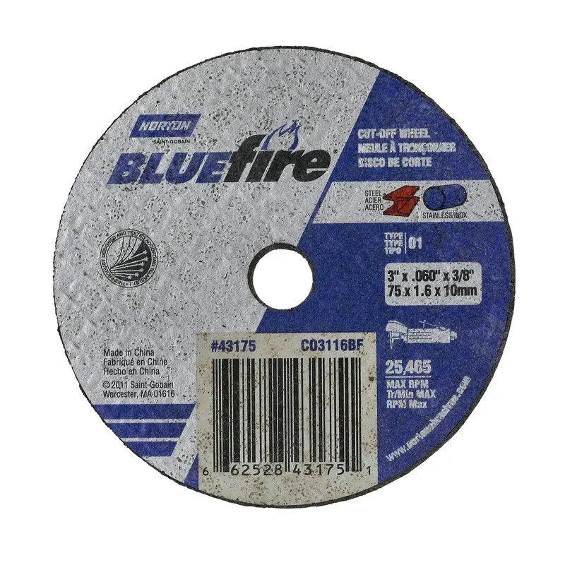 Norton BlueFire 3″ × 0.060″ × 3/8″ Cut-Off Wheel, 46 Grit, T01/41, 25-Pack