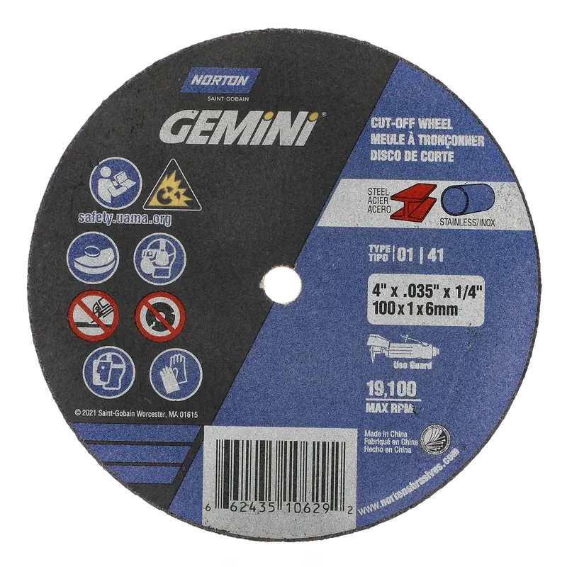 Norton Gemini FC 4-Inch Cut-Off Wheel – .035″ Thickness, 60O Grit, Type 1, 25-Pack