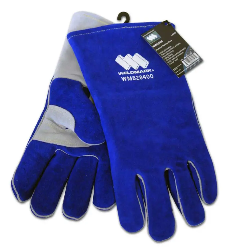 Weldmark WM828400 Premium Wing-Thumb Gloves – Blue Split Cowhide, 13″, Foam-Backed (48-Per Pack)