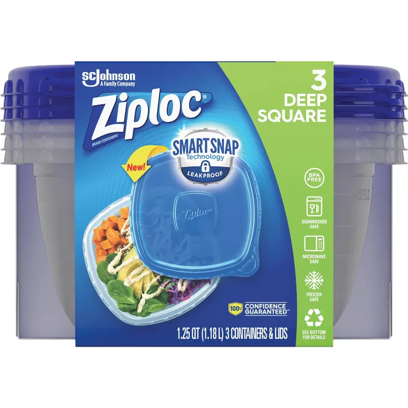 Ziploc Square Food Storage Containers – 1.25 Qt Capacity, Clear Design With Snap-On Lids (3-Pack) 1