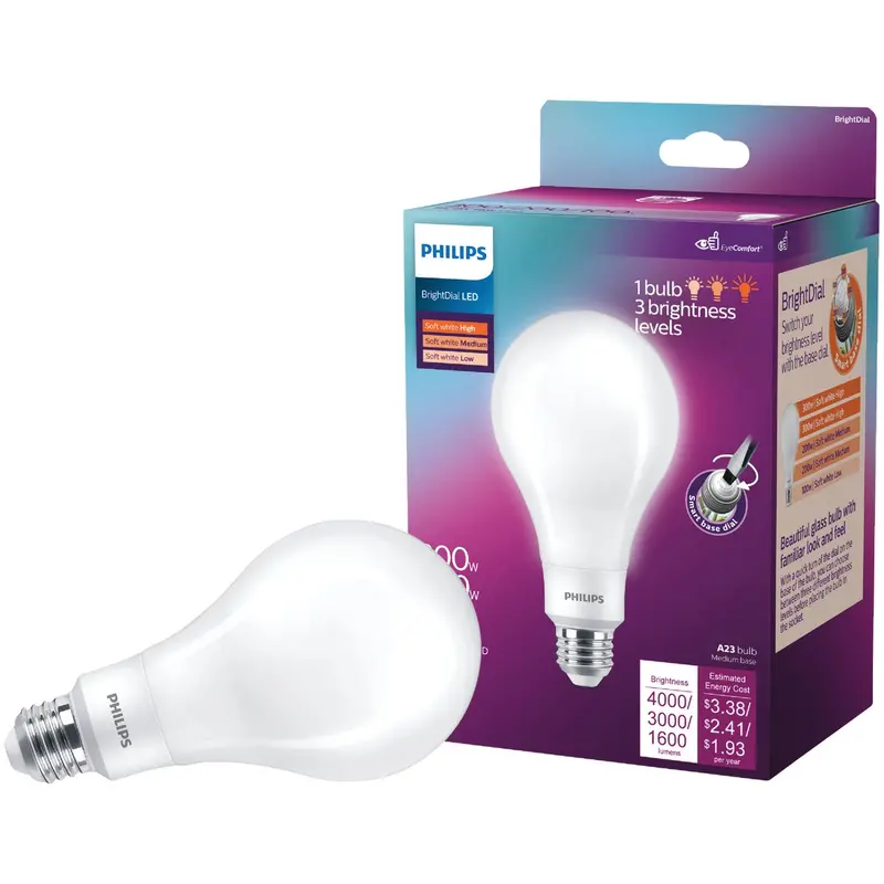 Philips Brightdial Led Light Bulb – A23 Medium Base, 300/200/100W Equivalent, Soft White 1